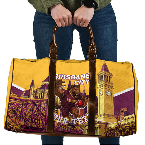 Personalised Brisbane City Rugby Travel Bag Muscular Horse Mascot Skyline Graphic