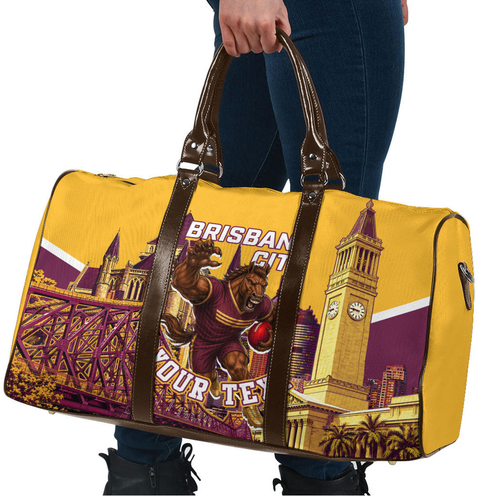 Personalised Brisbane City Rugby Travel Bag Muscular Horse Mascot Skyline Graphic