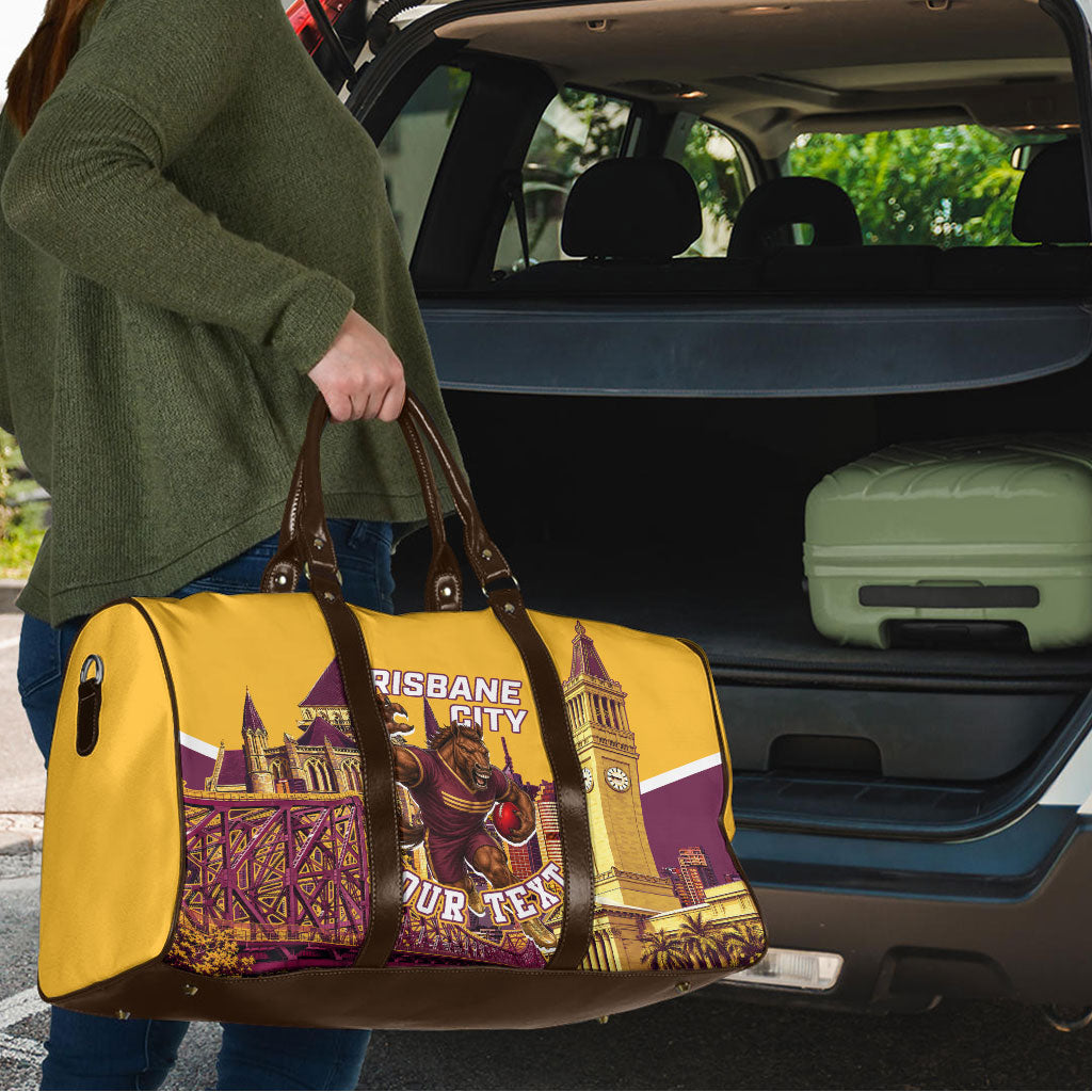 Personalised Brisbane City Rugby Travel Bag Muscular Horse Mascot Skyline Graphic