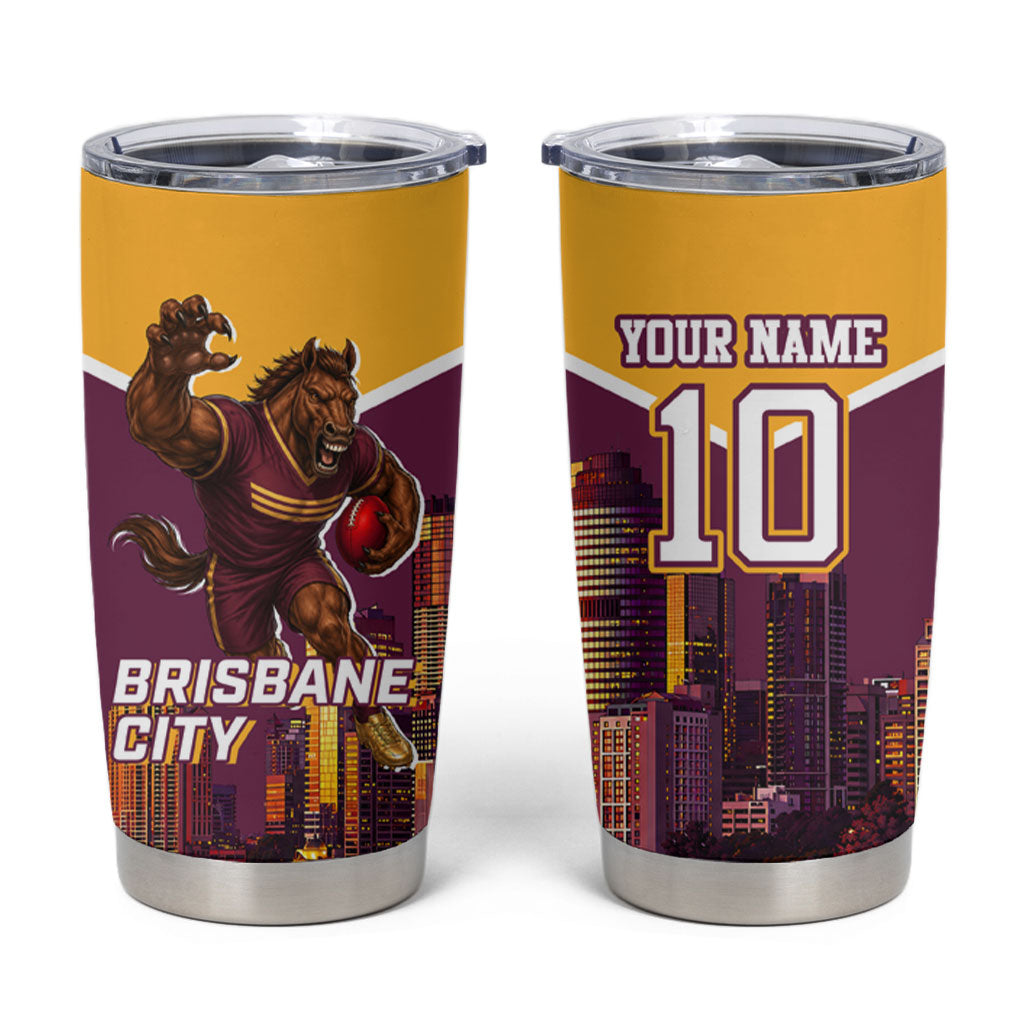 Personalised Brisbane City Rugby Tumbler Cup Muscular Horse Mascot Skyline Graphic