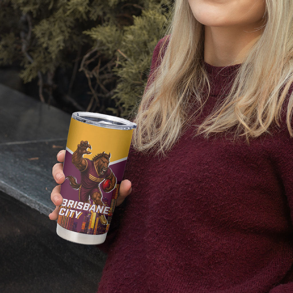 Personalised Brisbane City Rugby Tumbler Cup Muscular Horse Mascot Skyline Graphic