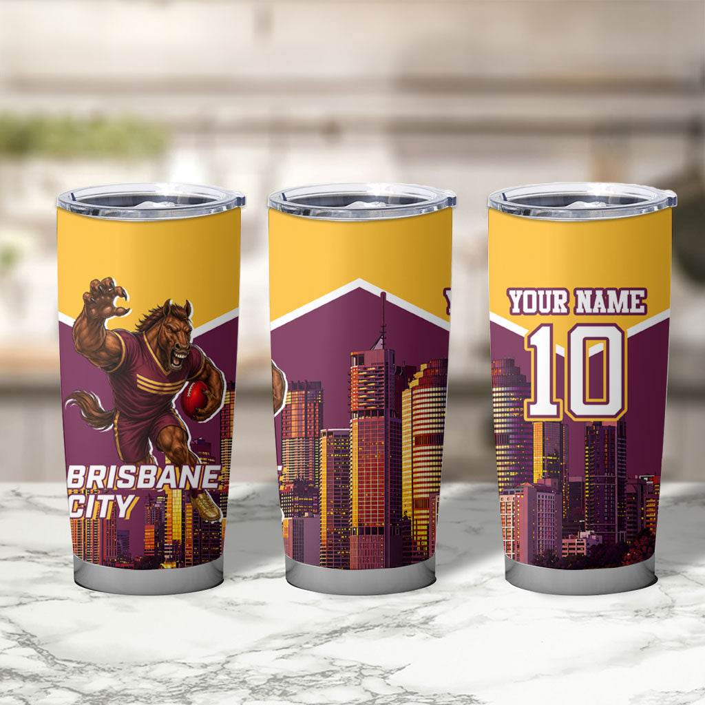 Personalised Brisbane City Rugby Tumbler Cup Muscular Horse Mascot Skyline Graphic