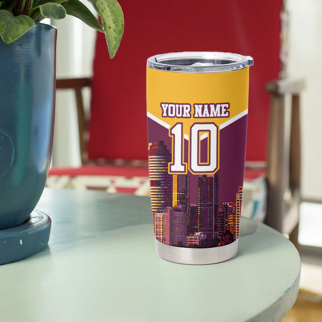 Personalised Brisbane City Rugby Tumbler Cup Muscular Horse Mascot Skyline Graphic