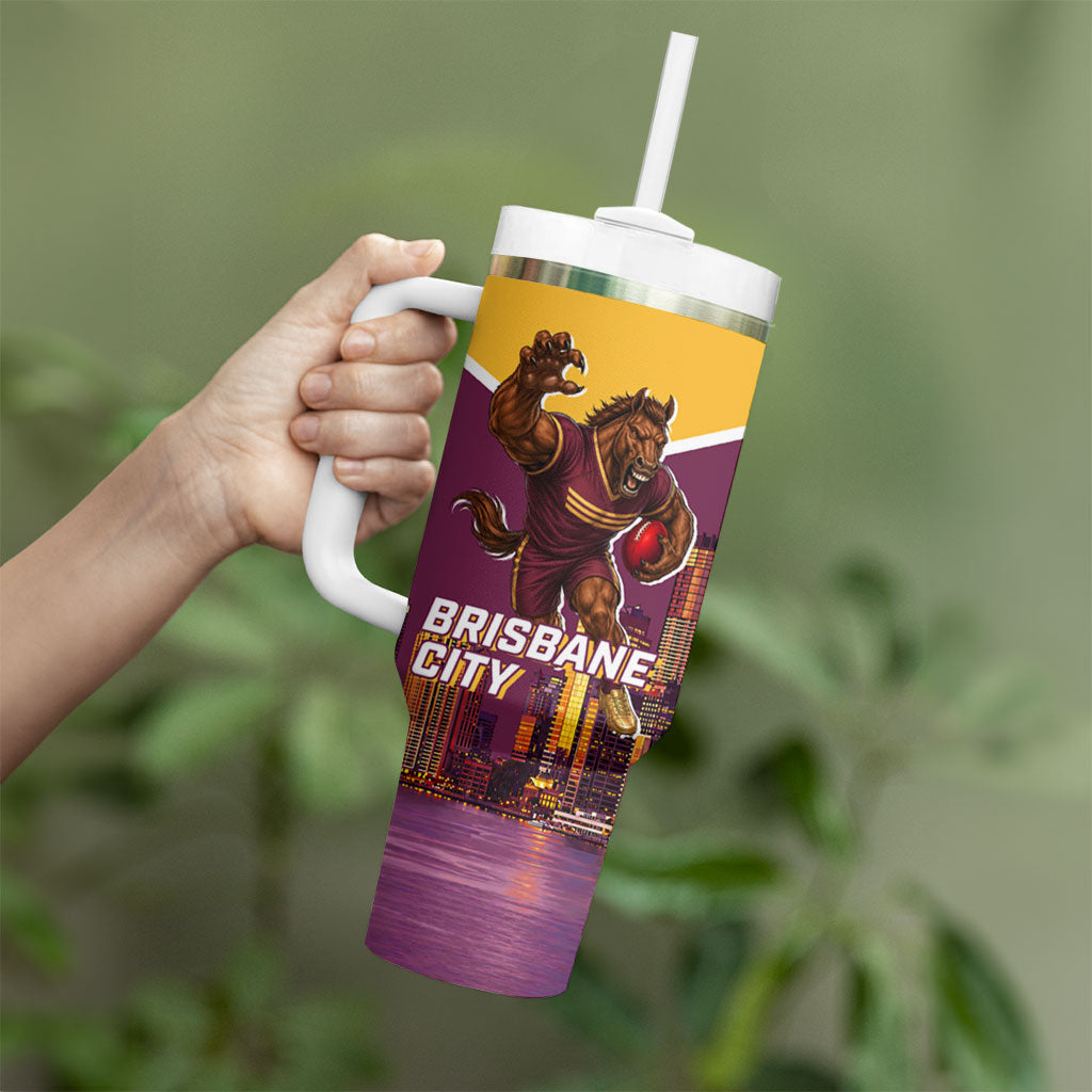 Personalised Brisbane City Rugby Tumbler With Handle Muscular Horse Mascot Skyline Graphic