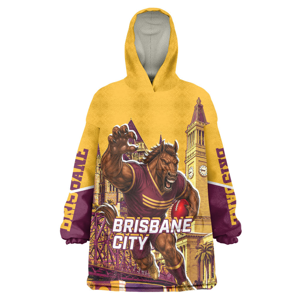 Personalised Brisbane City Rugby Wearable Blanket Hoodie Muscular Horse Mascot Skyline Graphic
