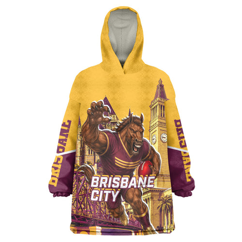 Personalised Brisbane City Rugby Wearable Blanket Hoodie Muscular Horse Mascot Skyline Graphic