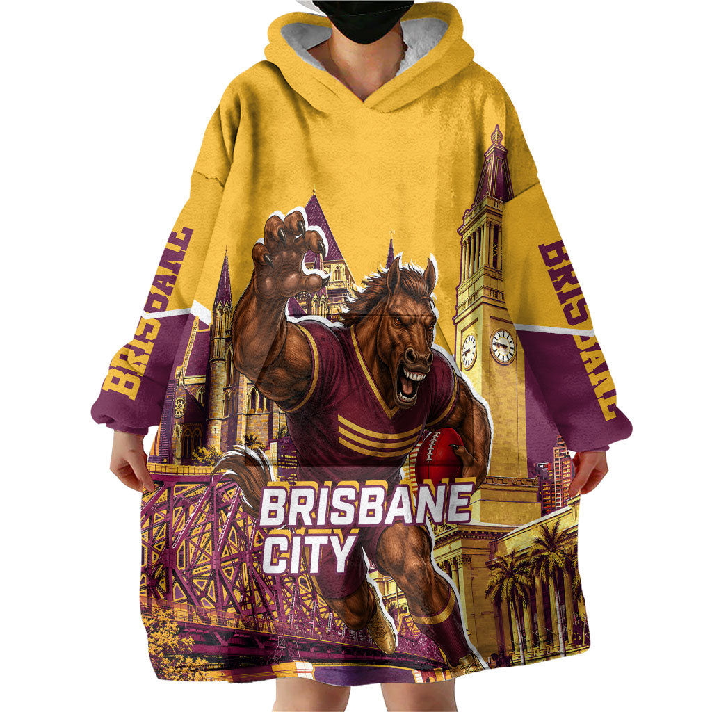 Personalised Brisbane City Rugby Wearable Blanket Hoodie Muscular Horse Mascot Skyline Graphic