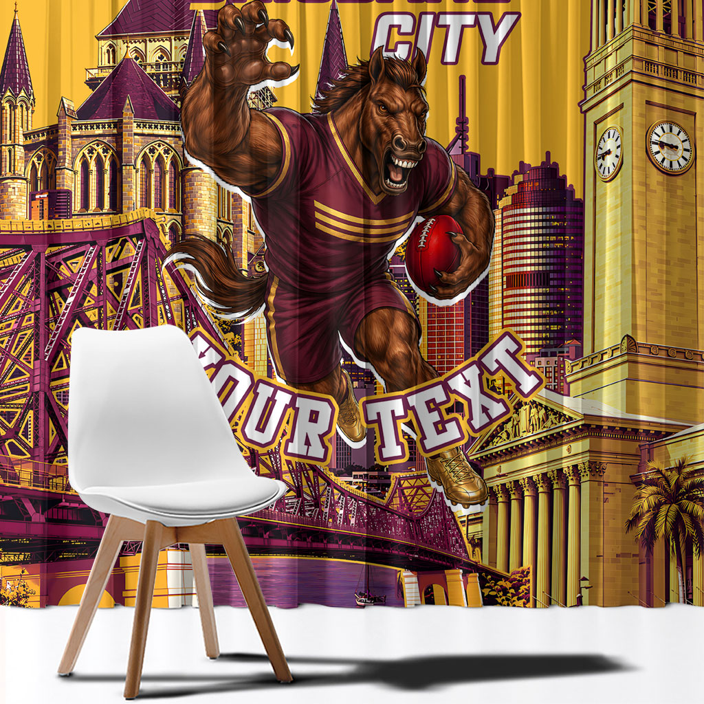 Personalised Brisbane City Rugby Window Curtain Muscular Horse Mascot Skyline Graphic