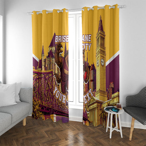 Personalised Brisbane City Rugby Window Curtain Muscular Horse Mascot Skyline Graphic