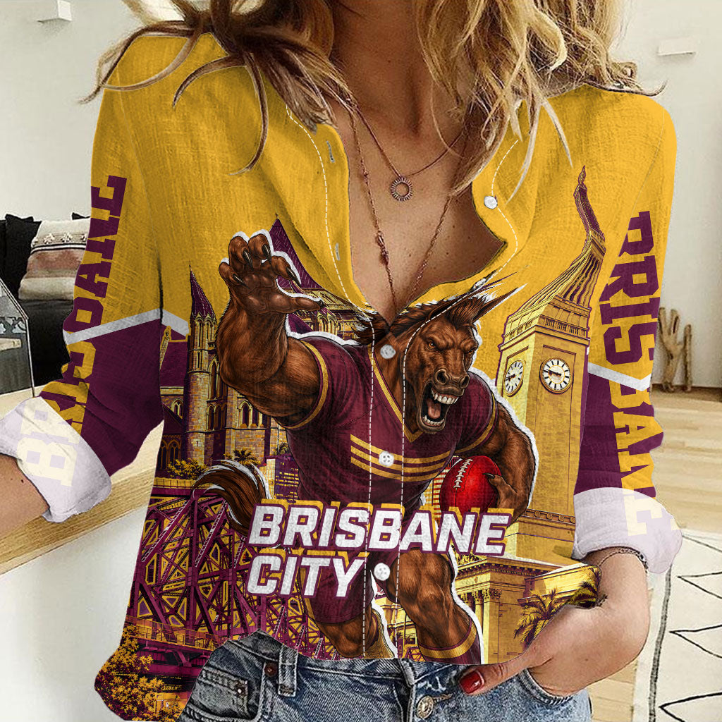 Personalised Brisbane City Rugby Women Casual Shirt Muscular Horse Mascot Skyline Graphic