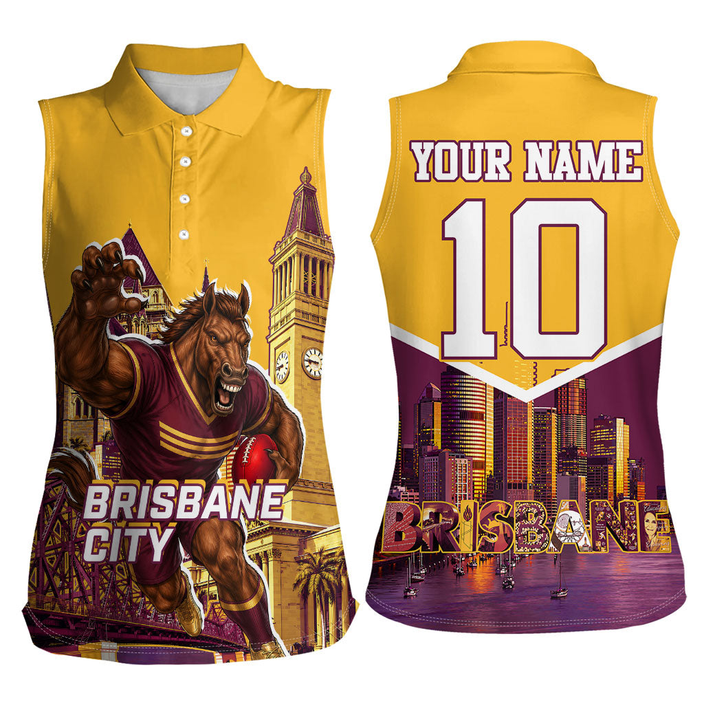 Personalised Brisbane City Rugby Women Sleeveless Polo Shirt Muscular Horse Mascot Skyline Graphic