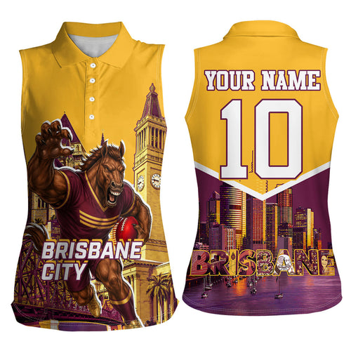 Personalised Brisbane City Rugby Women Sleeveless Polo Shirt Muscular Horse Mascot Skyline Graphic