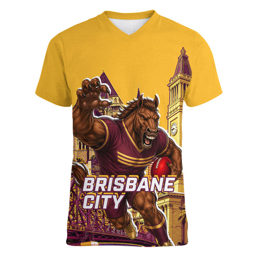 Personalised Brisbane City Rugby Women V-Neck T-Shirt Muscular Horse Mascot Skyline Graphic