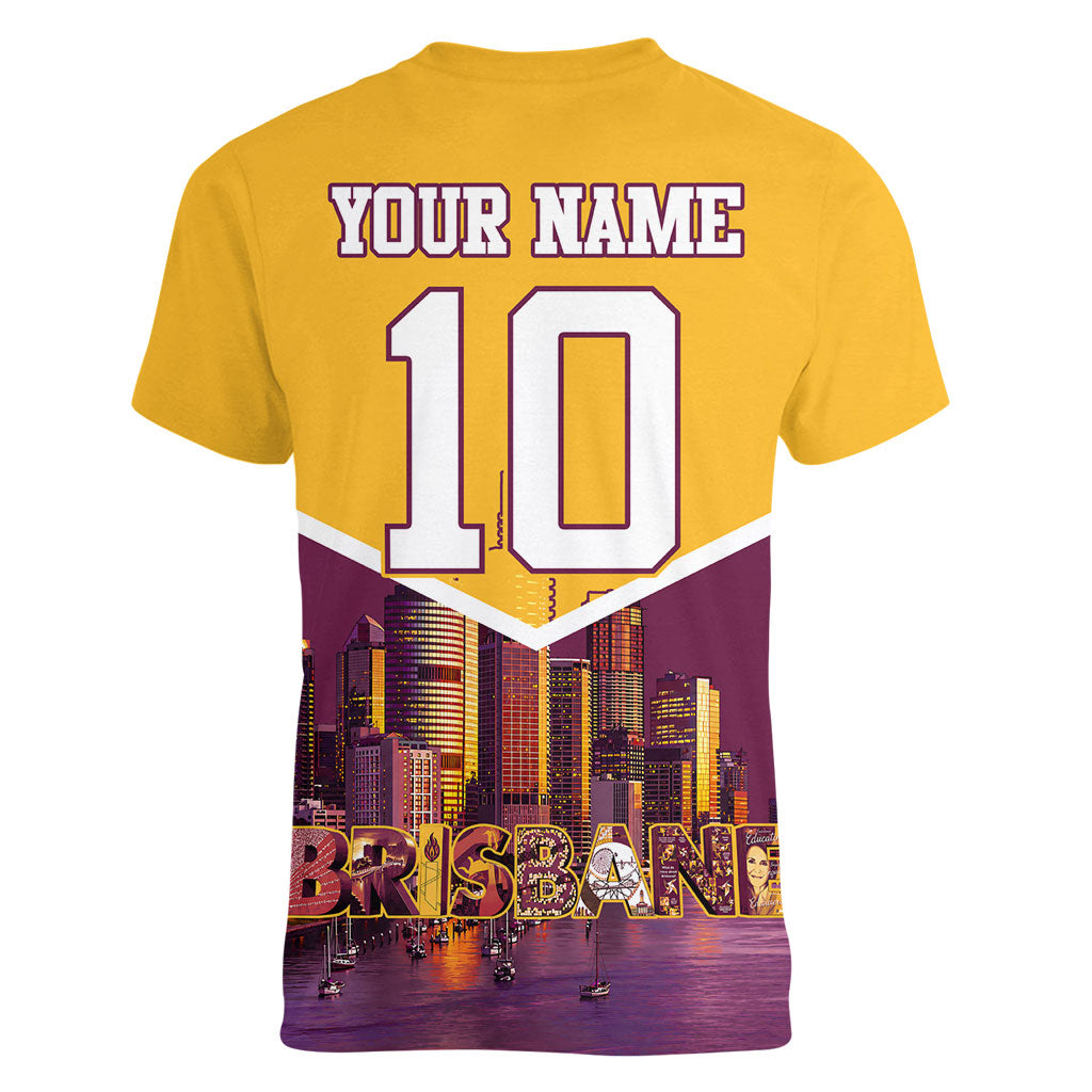 Personalised Brisbane City Rugby Women V-Neck T-Shirt Muscular Horse Mascot Skyline Graphic