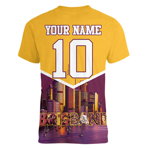 Personalised Brisbane City Rugby Women V-Neck T-Shirt Muscular Horse Mascot Skyline Graphic