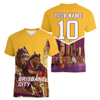 Personalised Brisbane City Rugby Women V-Neck T-Shirt Muscular Horse Mascot Skyline Graphic