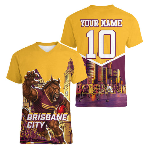 Personalised Brisbane City Rugby Women V-Neck T-Shirt Muscular Horse Mascot Skyline Graphic