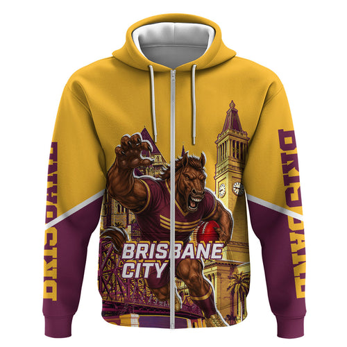 Personalised Brisbane City Rugby Zip Hoodie Muscular Horse Mascot Skyline Graphic