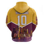 Personalised Brisbane City Rugby Zip Hoodie Muscular Horse Mascot Skyline Graphic