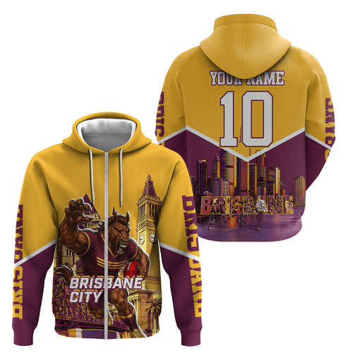 Personalised Brisbane City Rugby Zip Hoodie Muscular Horse Mascot Skyline Graphic