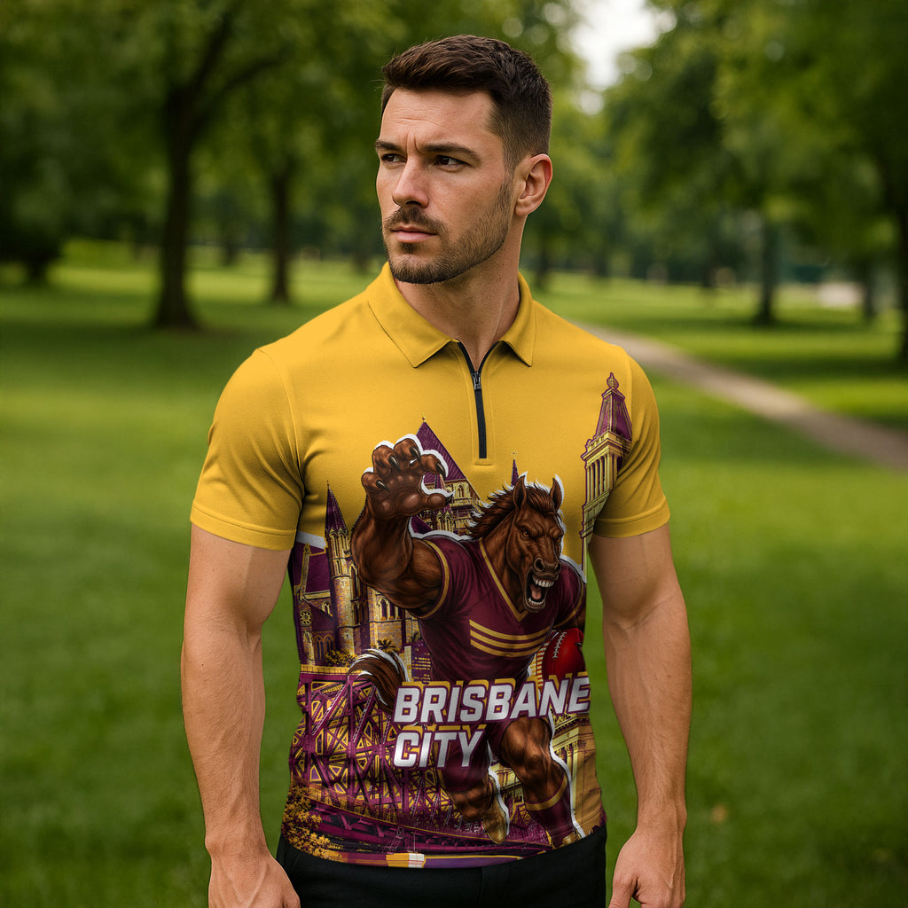 Personalised Brisbane City Rugby Zipper Polo Shirt Muscular Horse Mascot Skyline Graphic