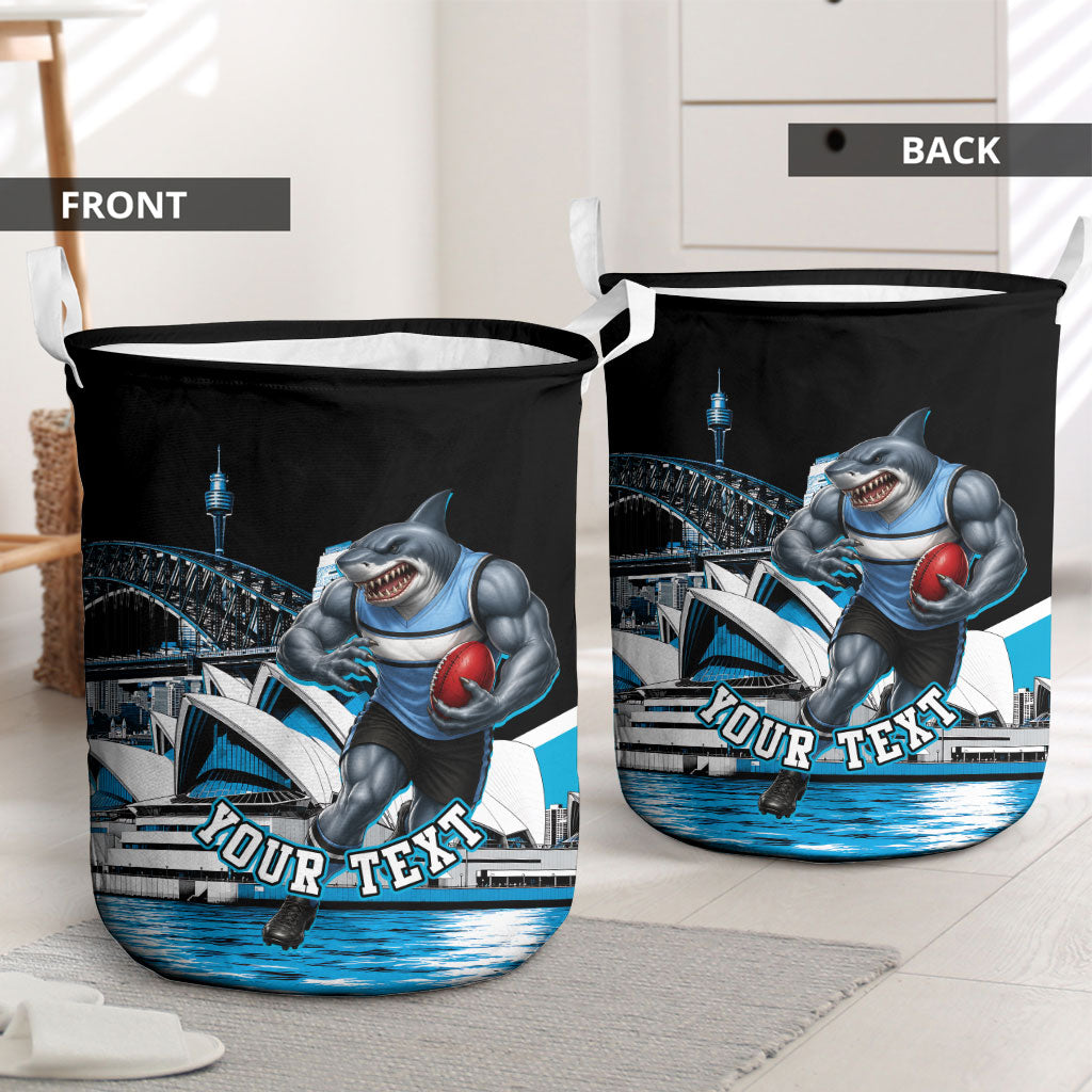 Personalised Sydney Sharks Rugby Laundry Basket Muscular Mascot Harbour Bridge Skyline Graphic