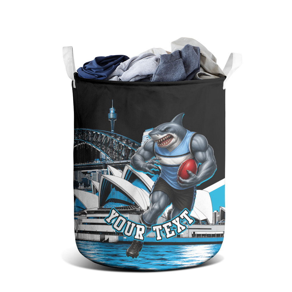 Personalised Sydney Sharks Rugby Laundry Basket Muscular Mascot Harbour Bridge Skyline Graphic