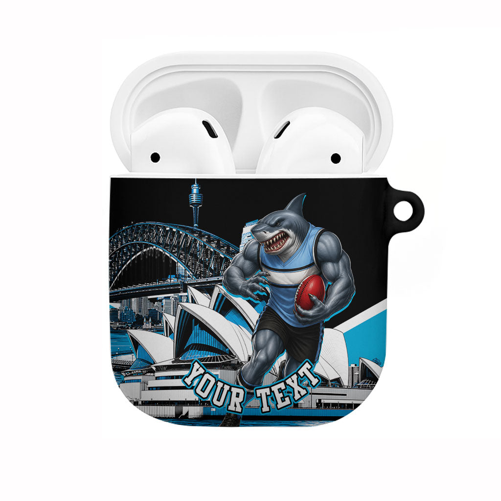 Personalised Sydney Sharks Rugby AirPods Case Muscular Mascot Harbour Bridge Skyline Graphic