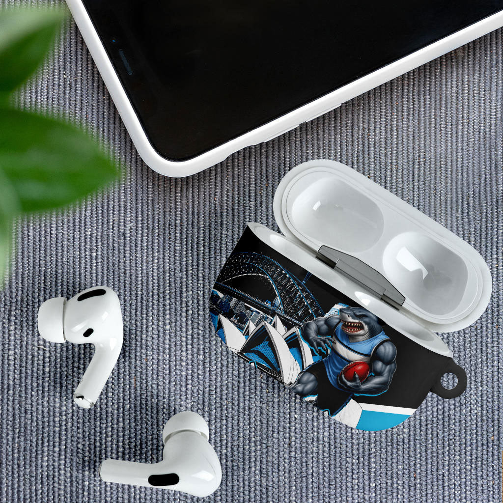 Personalised Sydney Sharks Rugby AirPods Case Muscular Mascot Harbour Bridge Skyline Graphic