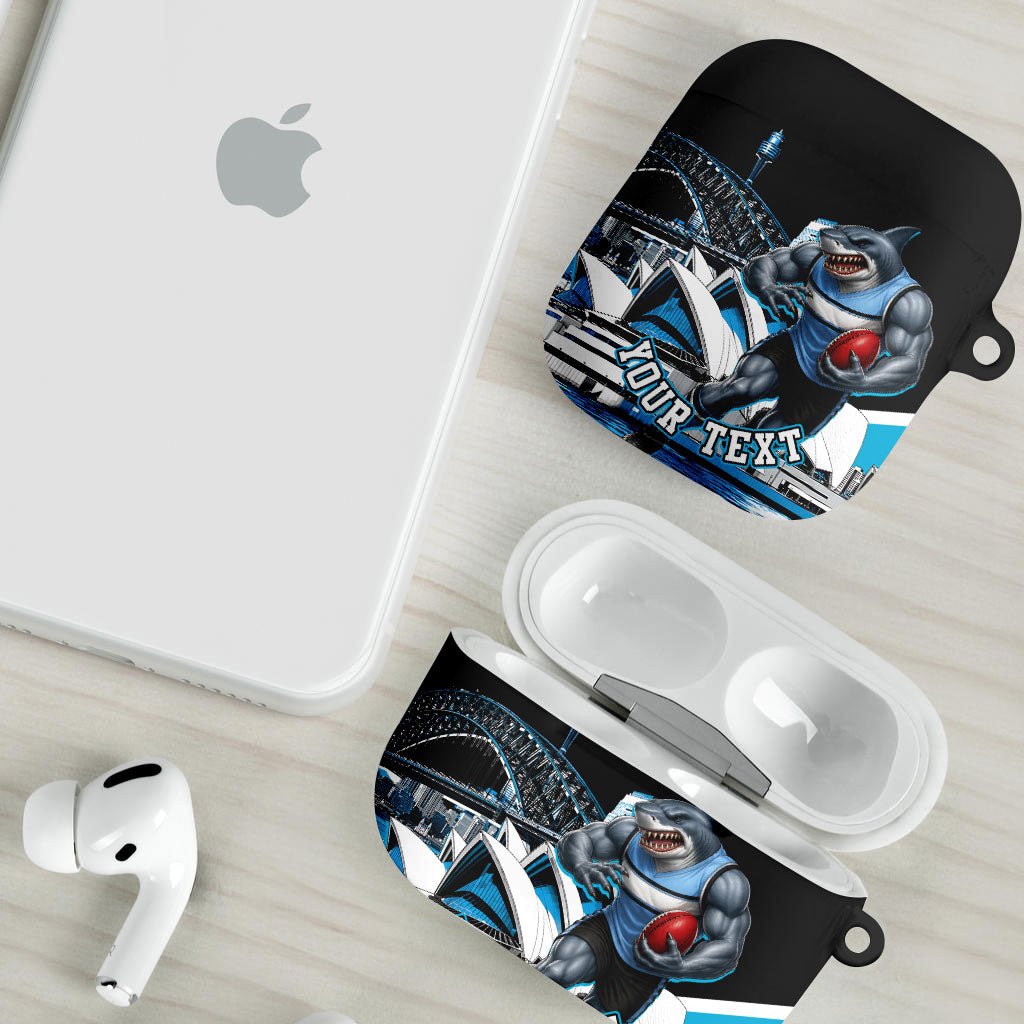 Personalised Sydney Sharks Rugby AirPods Case Muscular Mascot Harbour Bridge Skyline Graphic