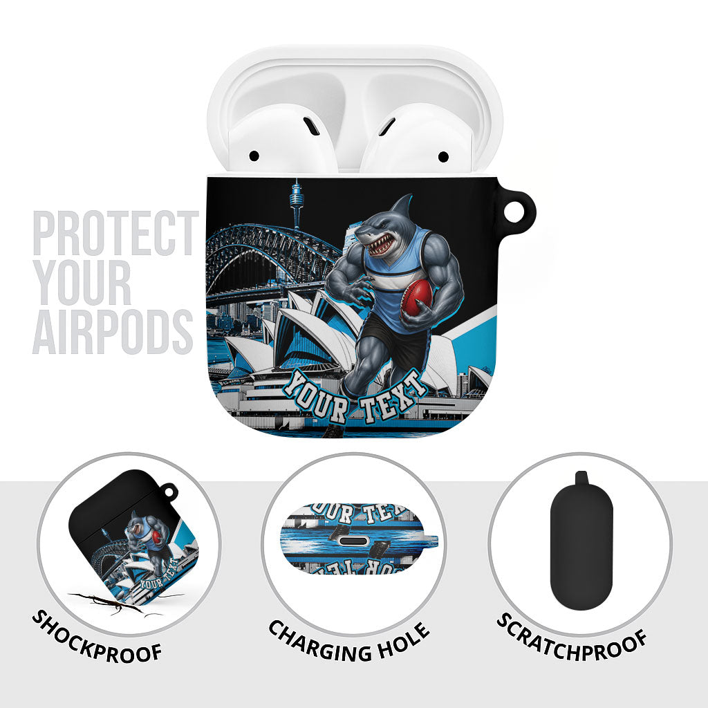 Personalised Sydney Sharks Rugby AirPods Case Muscular Mascot Harbour Bridge Skyline Graphic