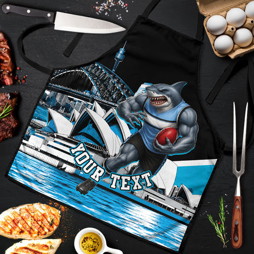 Personalised Sydney Sharks Rugby Apron Muscular Mascot Harbour Bridge Skyline Graphic