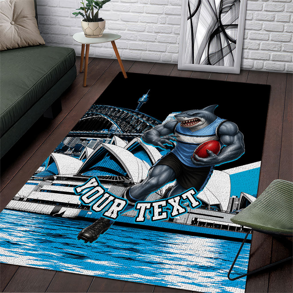 Personalised Sydney Sharks Rugby Area Rug Muscular Mascot Harbour Bridge Skyline Graphic