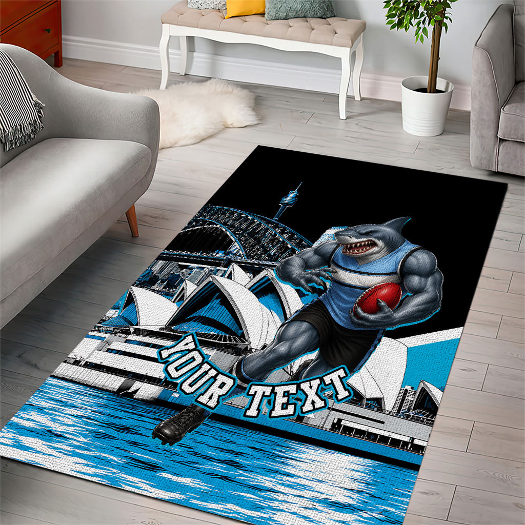 Personalised Sydney Sharks Rugby Area Rug Muscular Mascot Harbour Bridge Skyline Graphic