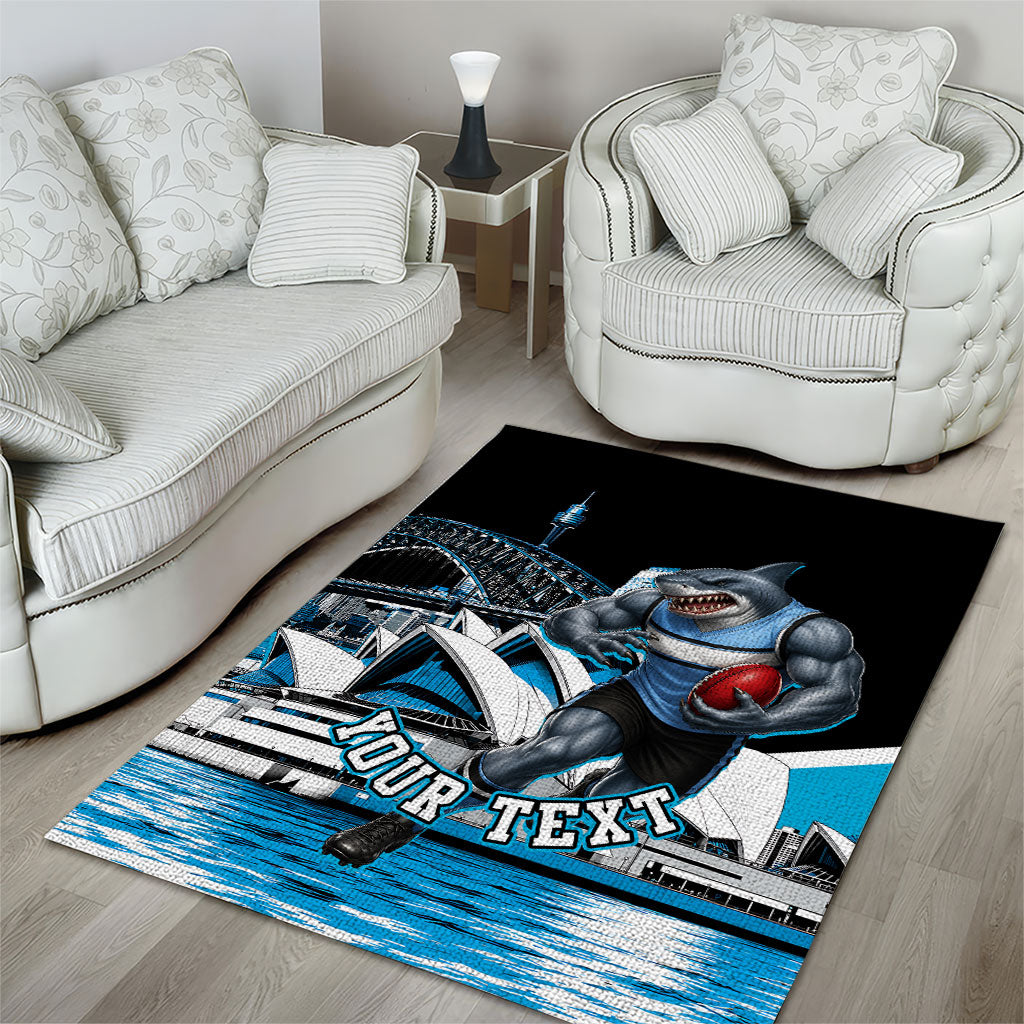 Personalised Sydney Sharks Rugby Area Rug Muscular Mascot Harbour Bridge Skyline Graphic