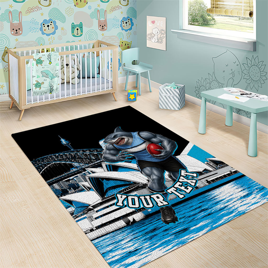 Personalised Sydney Sharks Rugby Area Rug Muscular Mascot Harbour Bridge Skyline Graphic