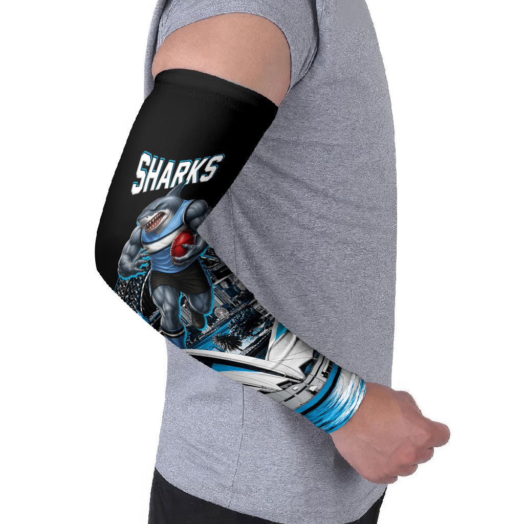 Personalised Sydney Sharks Rugby Arm Sleeves Muscular Mascot Harbour Bridge Skyline Graphic