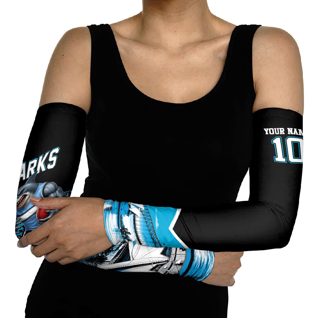 Personalised Sydney Sharks Rugby Arm Sleeves Muscular Mascot Harbour Bridge Skyline Graphic
