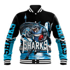 Personalised Sydney Sharks Rugby Baseball Jacket Muscular Mascot Harbour Bridge Skyline Graphic