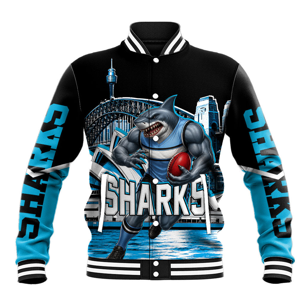 Personalised Sydney Sharks Rugby Baseball Jacket Muscular Mascot Harbour Bridge Skyline Graphic