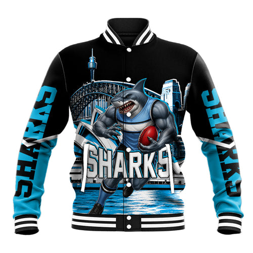 Personalised Sydney Sharks Rugby Baseball Jacket Muscular Mascot Harbour Bridge Skyline Graphic
