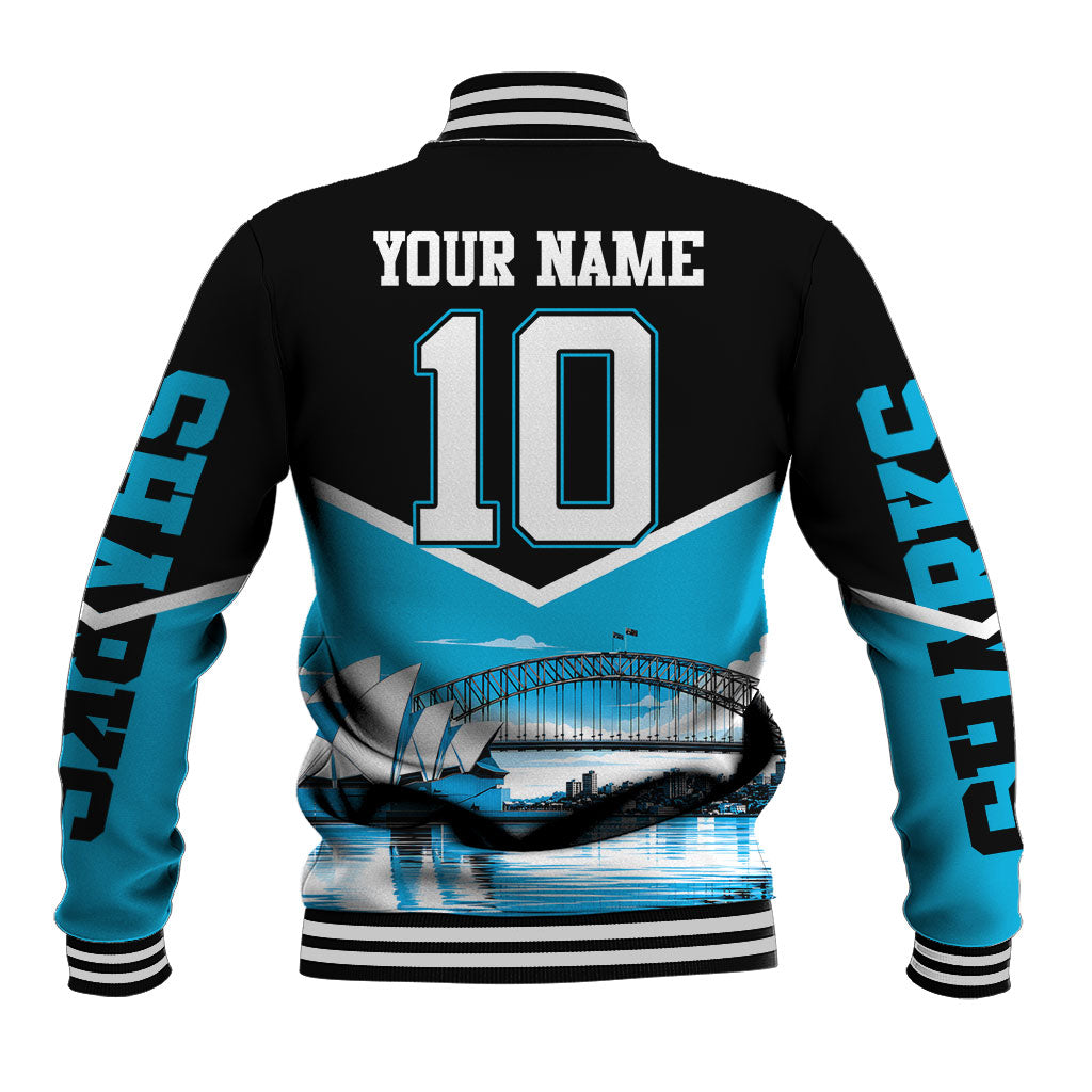 Personalised Sydney Sharks Rugby Baseball Jacket Muscular Mascot Harbour Bridge Skyline Graphic