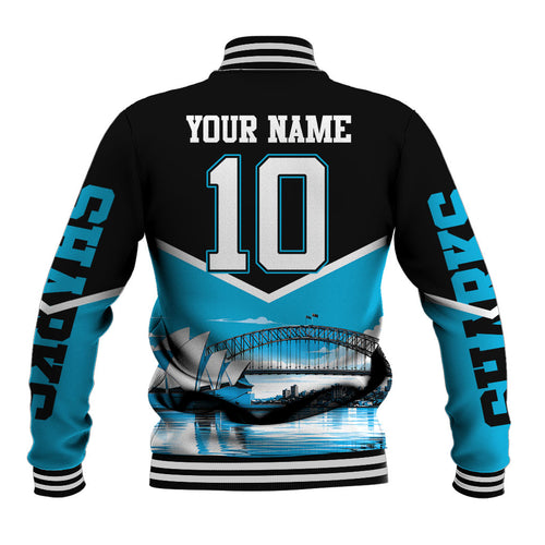 Personalised Sydney Sharks Rugby Baseball Jacket Muscular Mascot Harbour Bridge Skyline Graphic