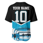 Personalised Sydney Sharks Rugby Baseball Jersey Muscular Mascot Harbour Bridge Skyline Graphic