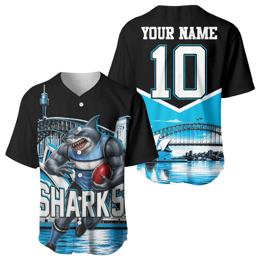 Personalised Sydney Sharks Rugby Baseball Jersey Muscular Mascot Harbour Bridge Skyline Graphic