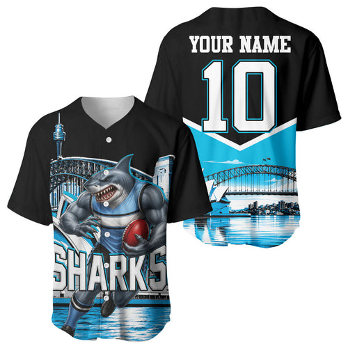 Personalised Sydney Sharks Rugby Baseball Jersey Muscular Mascot Harbour Bridge Skyline Graphic