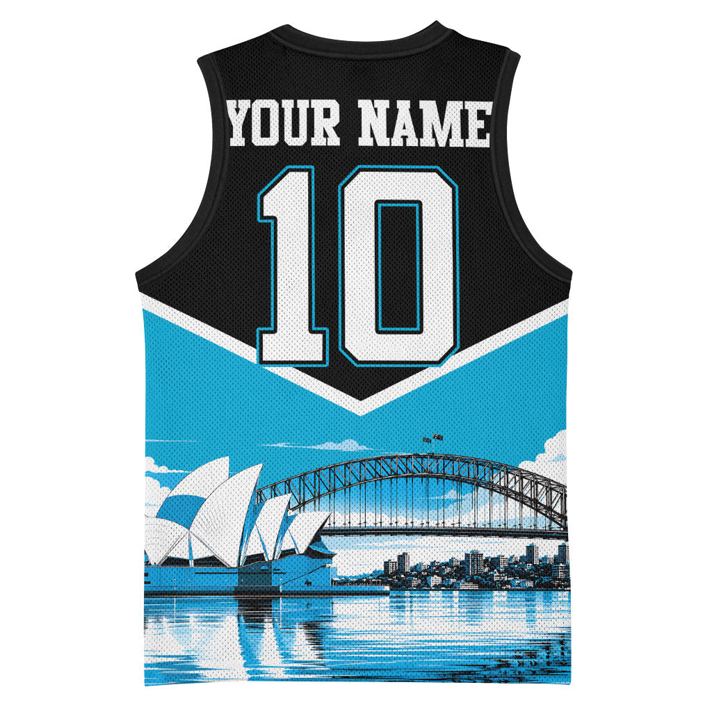 Personalised Sydney Sharks Rugby Basketball Jersey Muscular Mascot Harbour Bridge Skyline Graphic