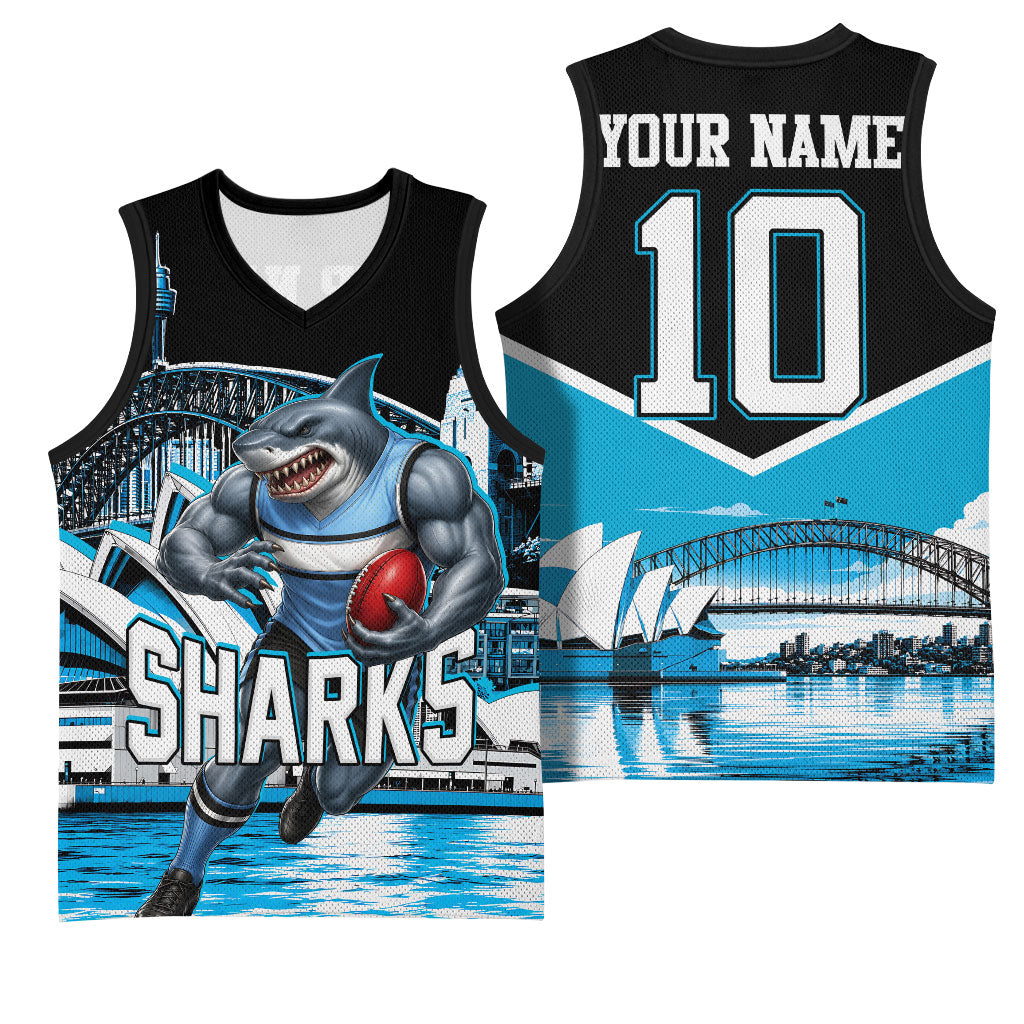 Personalised Sydney Sharks Rugby Basketball Jersey Muscular Mascot Harbour Bridge Skyline Graphic