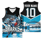 Personalised Sydney Sharks Rugby Basketball Jersey Muscular Mascot Harbour Bridge Skyline Graphic