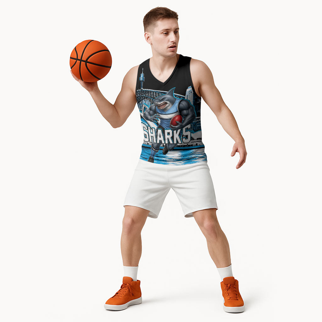 Personalised Sydney Sharks Rugby Basketball Jersey Muscular Mascot Harbour Bridge Skyline Graphic